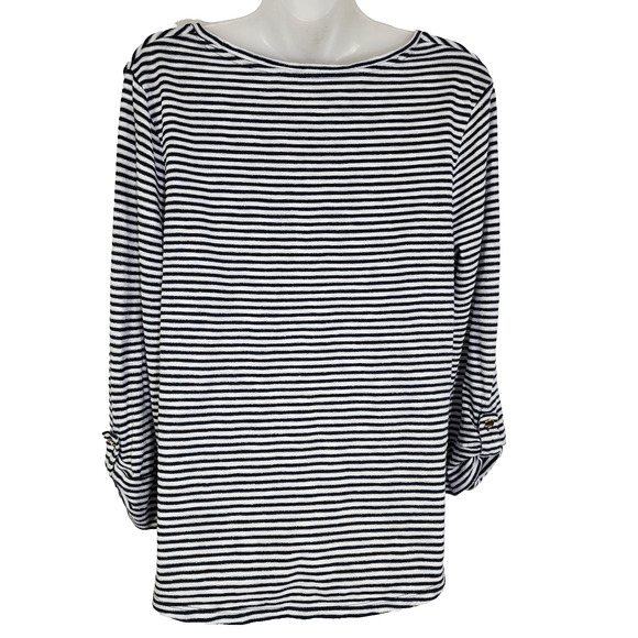 Chicos Top Cotton Slub Lurex Striped Utility 3/4 Button Sleeve Knit Size 1 US M - Picture 2 of 9